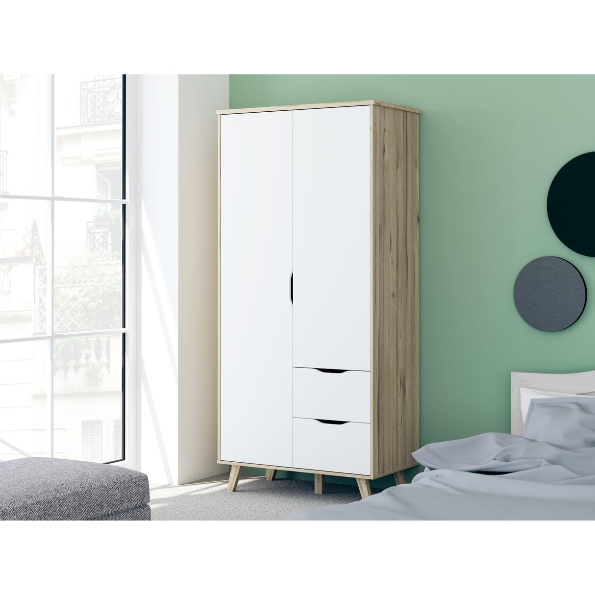 Oskar 2 Door 2 Drawer 95cm Wardrobe - Matt White & Oak - FurniComp