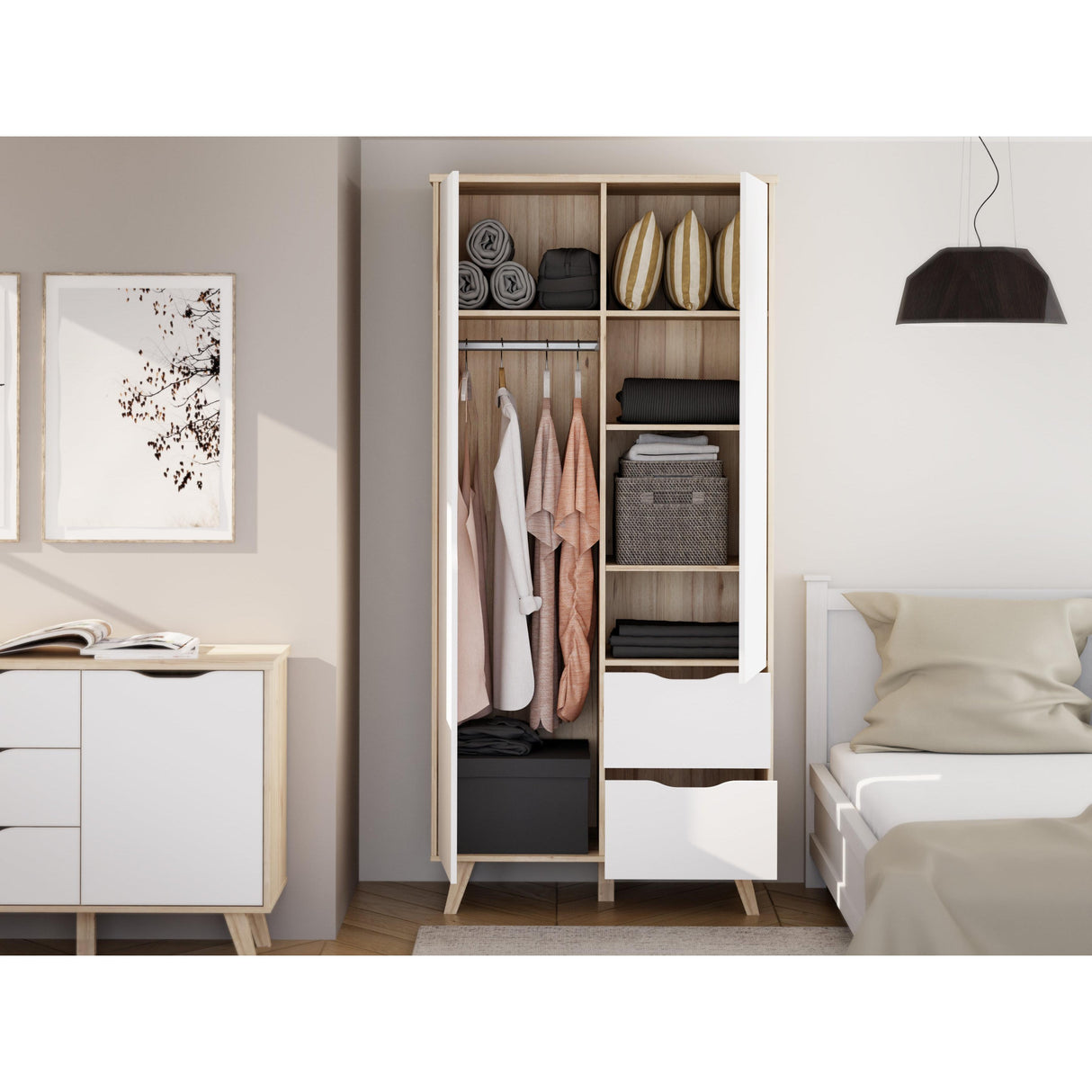 Oskar 2 Door 2 Drawer 95cm Wardrobe - Matt White & Oak - FurniComp