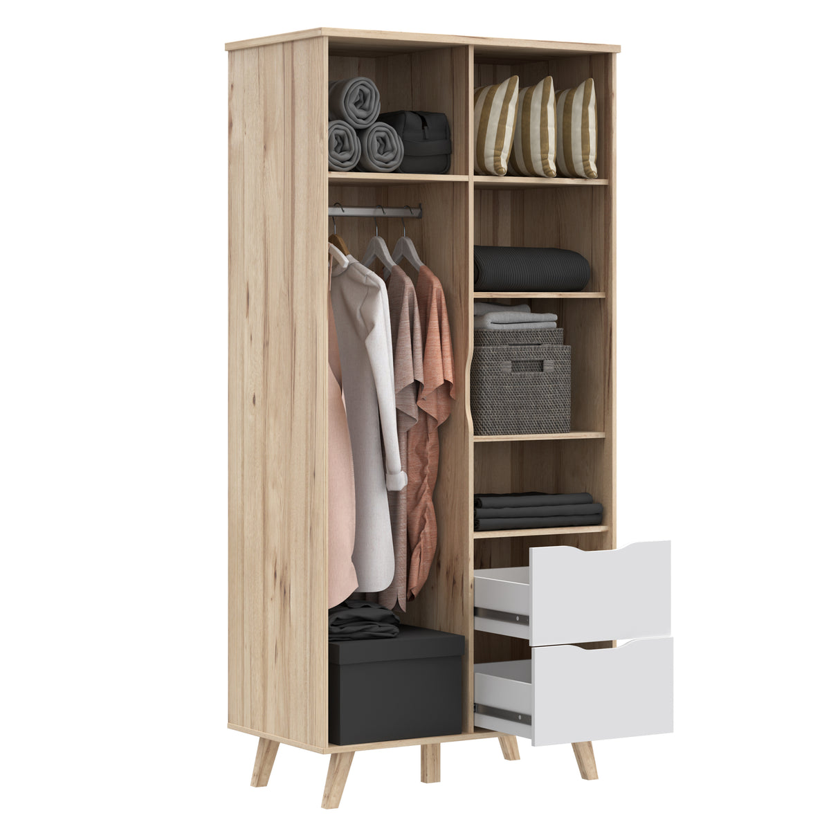 Oskar 2 Door 2 Drawer 95cm Wardrobe - Matt White & Oak - FurniComp