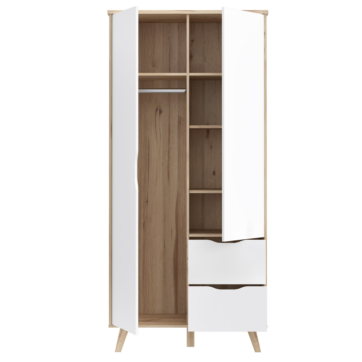 Oskar 2 Door 2 Drawer 95cm Wardrobe - Matt White & Oak - FurniComp