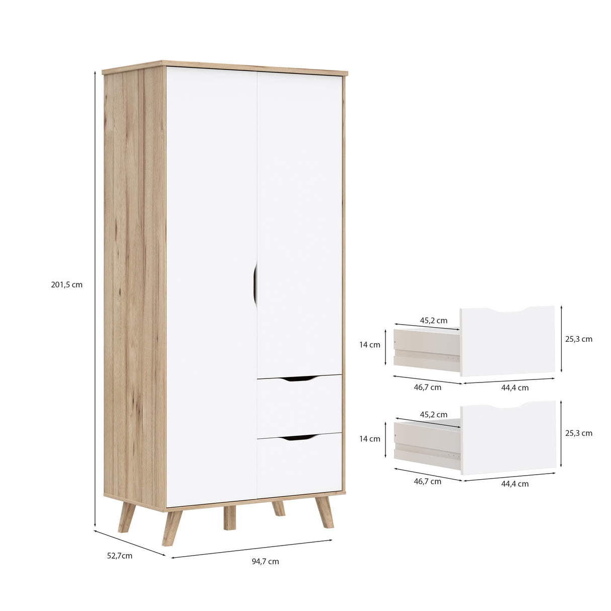 Oskar 2 Door 2 Drawer 95cm Wardrobe - Matt White & Oak - FurniComp
