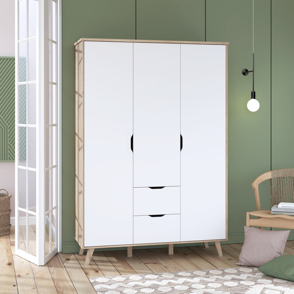 Oskar 3 Door 2 Drawer 140cm Wardrobe - Matt White & Oak - FurniComp