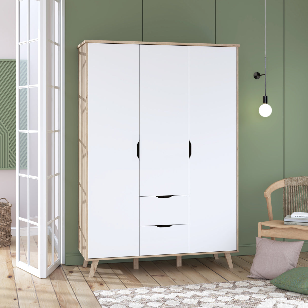 Oskar 3 Door 2 Drawer 140cm Wardrobe - Matt White & Oak - FurniComp