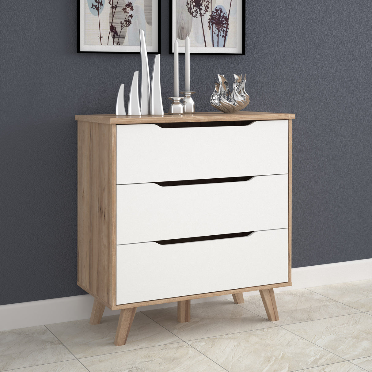 Oskar 3 Drawer Chest of Drawers - Matt White & Oak - FurniComp