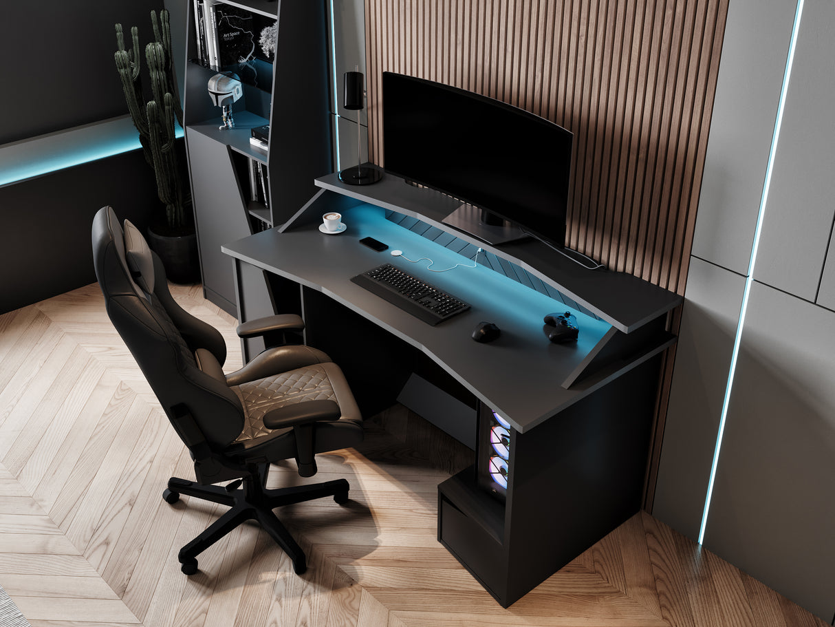 Oxford Matt Black Gaming Desk with Hutch and Storage - FurniComp