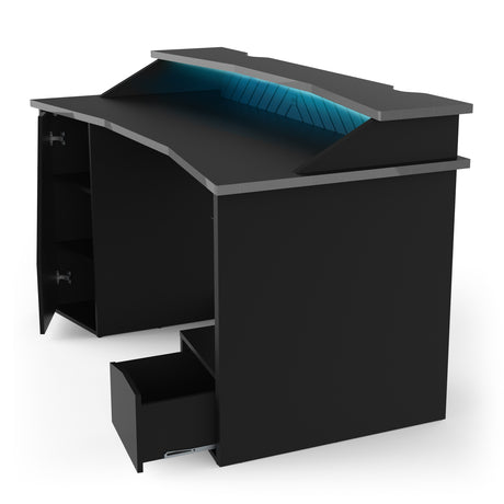 Oxford Matt Black Gaming Desk with Hutch and Storage - FurniComp