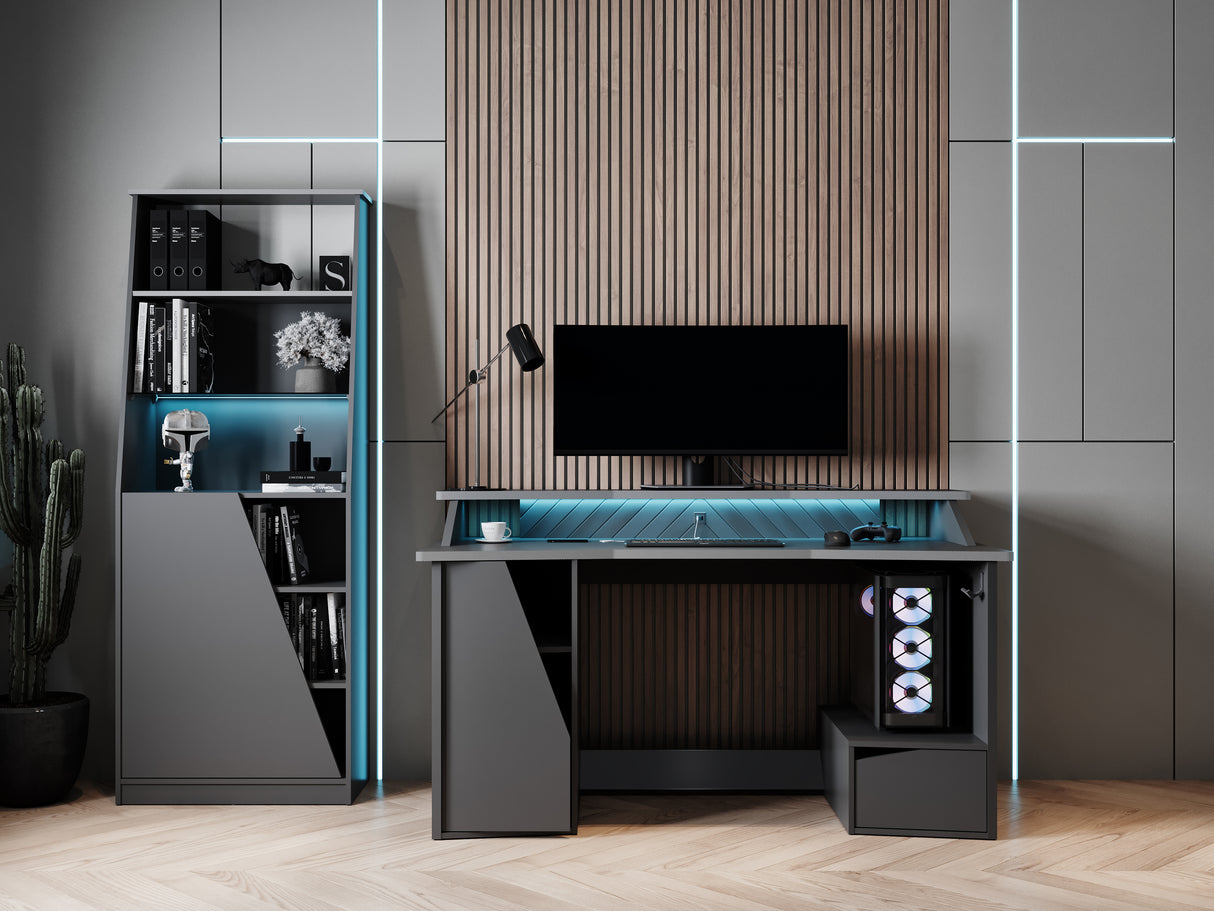 Oxford Matt Black Gaming Desk with Hutch and Storage - FurniComp