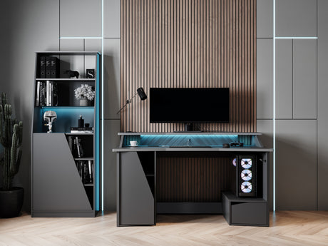 Oxford Matt Black Gaming Desk with Hutch and Storage - FurniComp