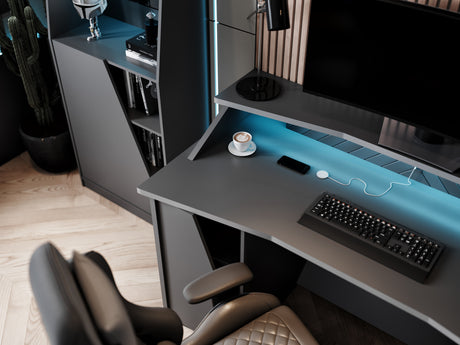 Oxford Matt Black Gaming Desk with Hutch and Storage - FurniComp