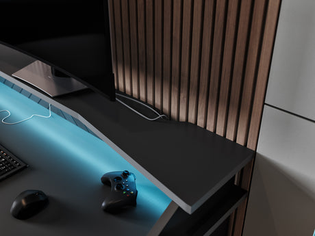 Oxford Matt Black Gaming Desk with Hutch and Storage - FurniComp