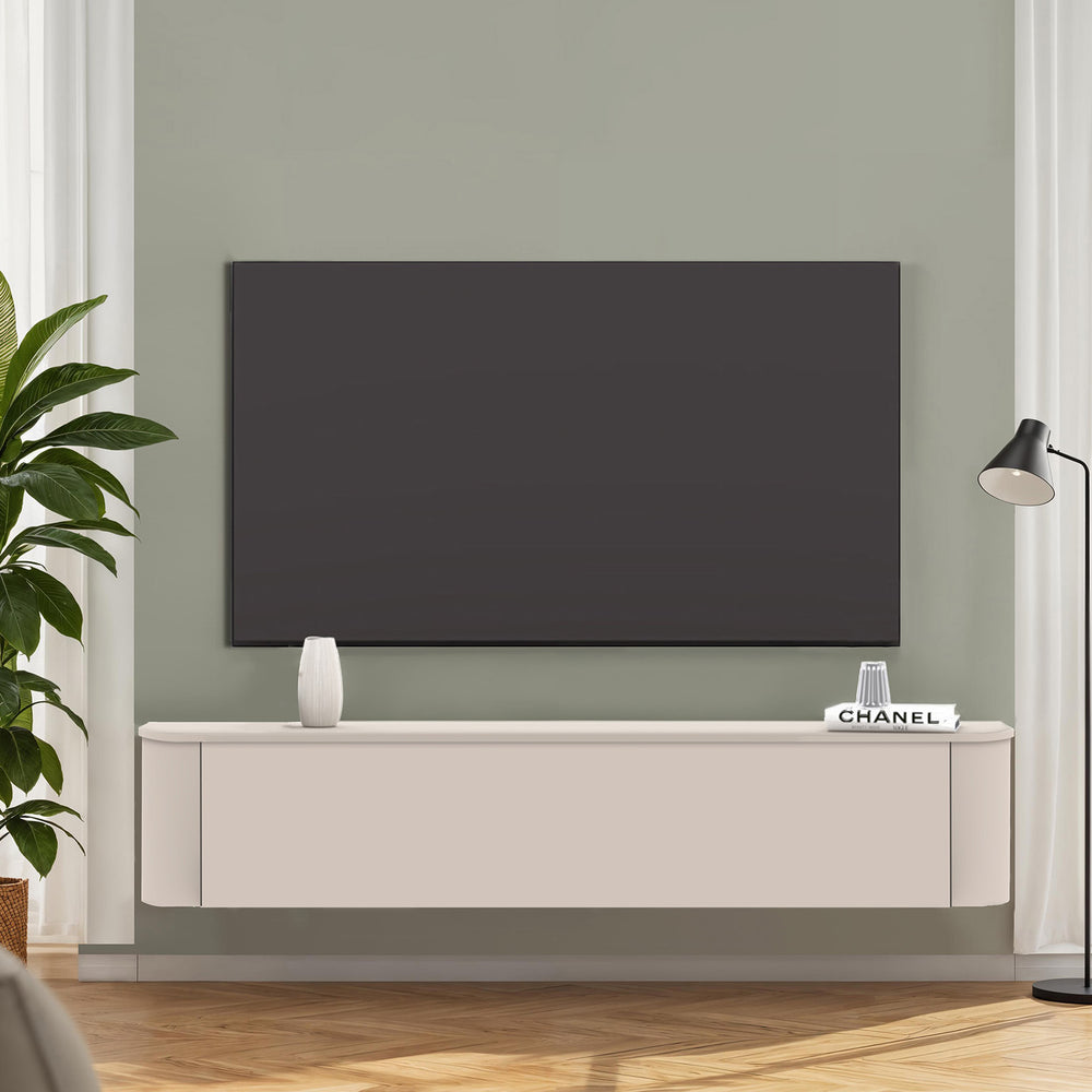 Palermo 180cm Curved Wall Mounted TV Unit with Flap Door - Cashmere - FurniComp