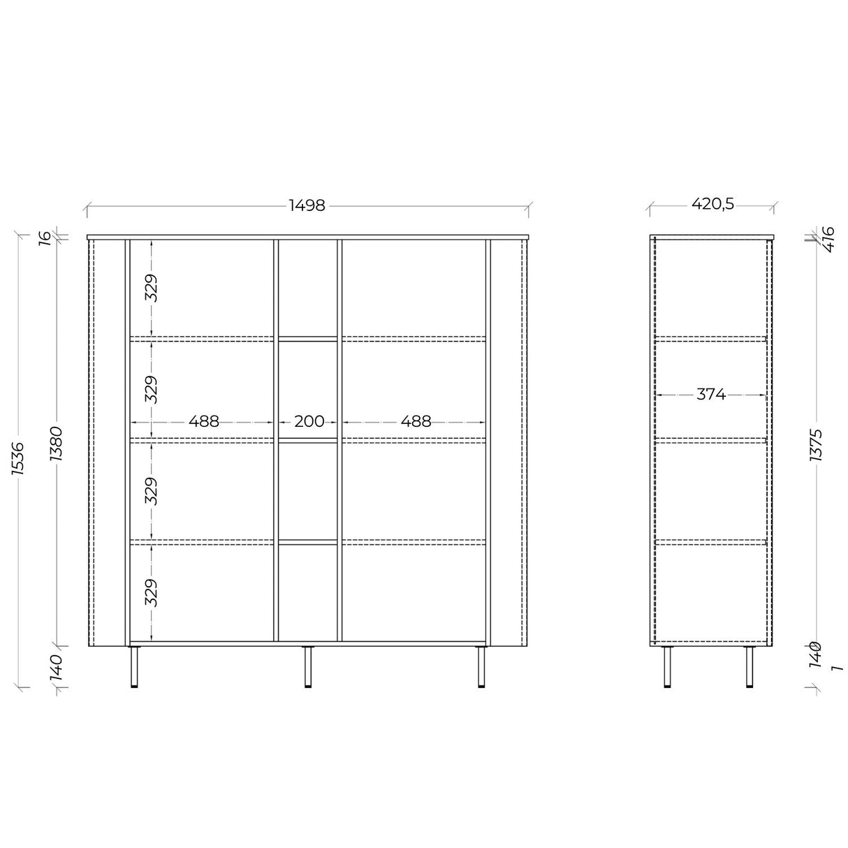 Palermo 150cm 2 Door Curved Tall Sideboard with Bookshelf - Cashmere - FurniComp
