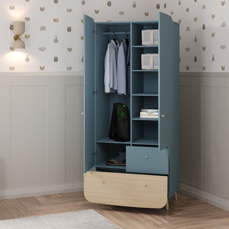Poppy 2 Door 2 Drawer Kids Wardrobe- Blue & Oak - FurniComp