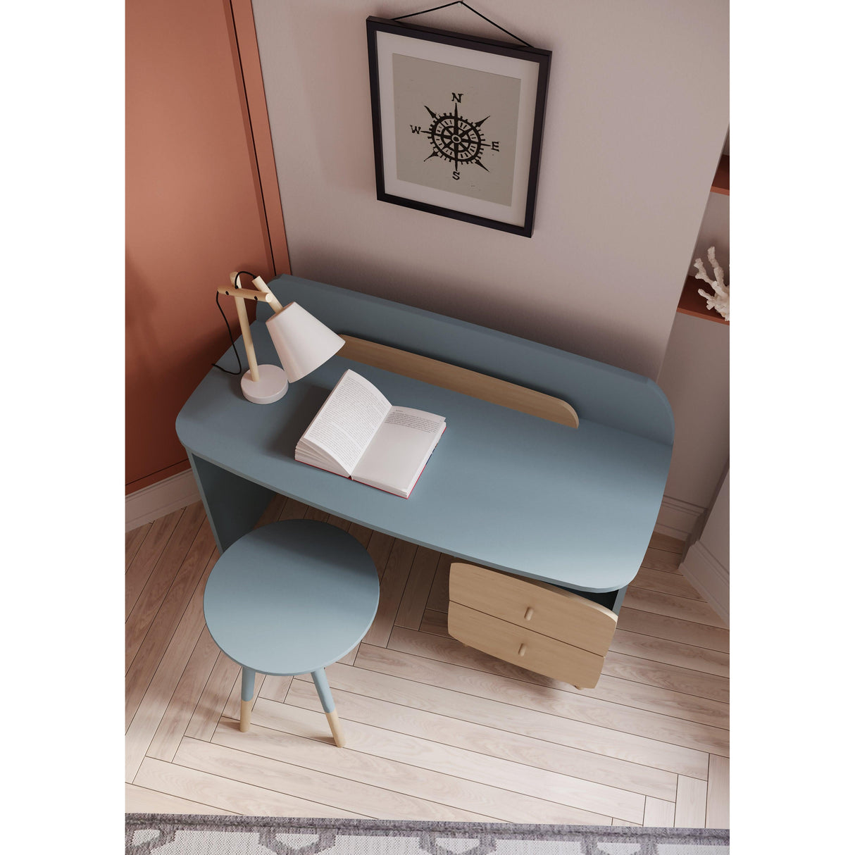 Poppy 2 Drawer Study Desk for Kids- Blue & Oak - FurniComp