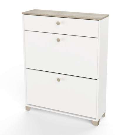 Prague 2 Door 1 Drawer Matt White and Oak Shoe Cabinet - FurniComp
