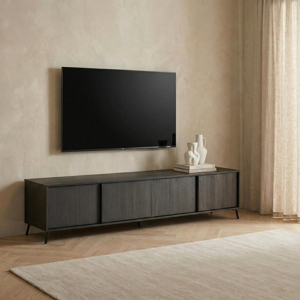 Ravenna 4 Door 205cm Black Oak Large TV Stand - FurniComp