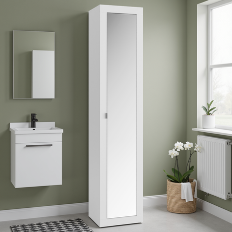 Selene 1 Door White Gloss Tall Mirrored Bathroom Storage Cupboard - FurniComp