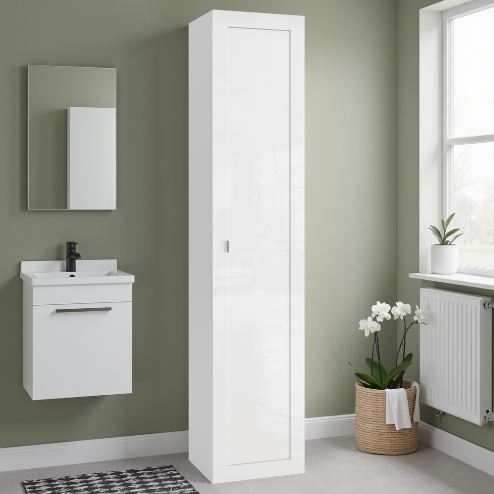 Selene 1 Door White Gloss Tall Bathroom Storage Cupboard - FurniComp