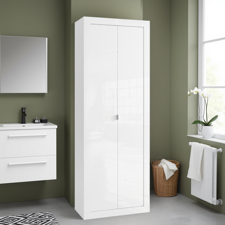 Selene 2 Door White Gloss Tall Bathroom Storage Cupboard - FurniComp