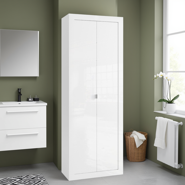 Selene 2 Door White Gloss Tall Bathroom Storage Cupboard - FurniComp