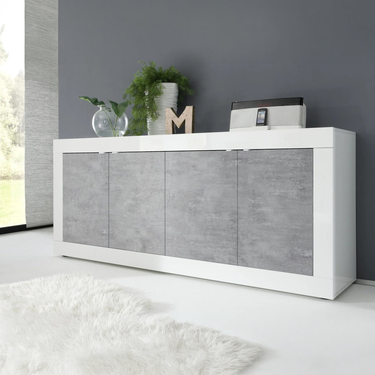 Selene 4 Door White Gloss and Concrete Grey Sideboard - FurniComp
