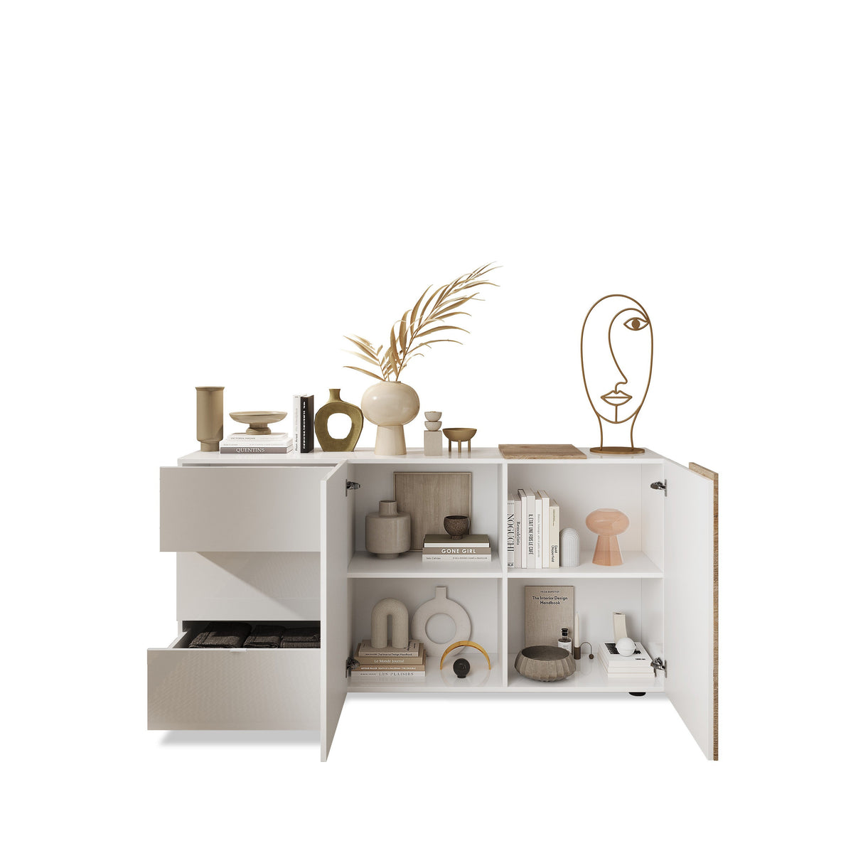 Seville 2 Door 3 Drawer White Gloss and Cadiz Oak Sideboard - FurniComp