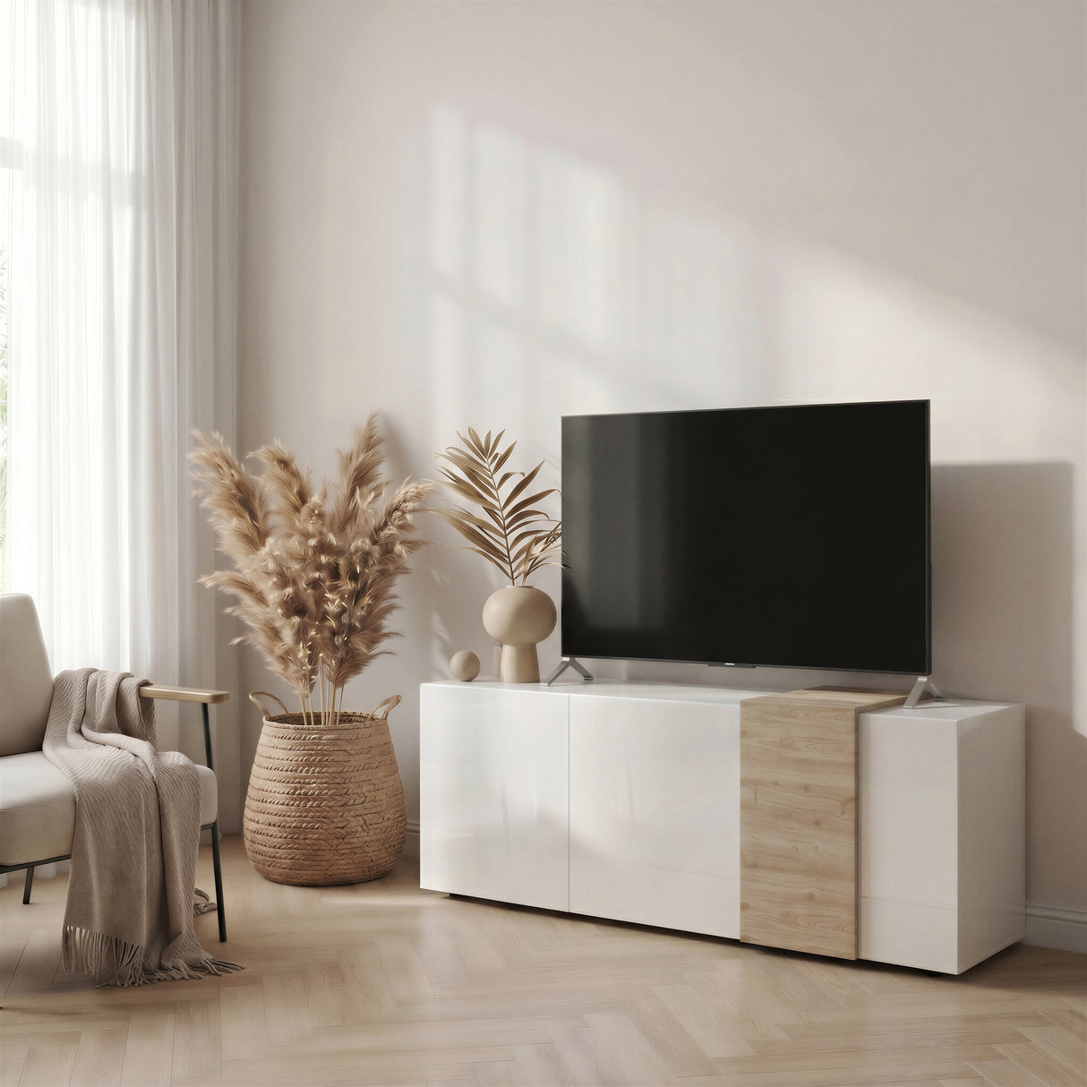 Seville 3 Door White Gloss and Cadiz Oak TV Unit - FurniComp