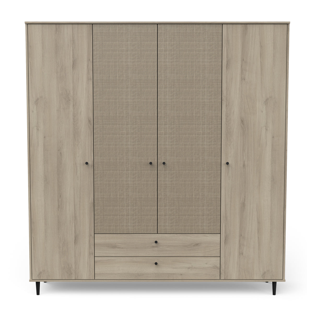 Theo 4 Door 2 Drawer Oak Rattan Style Wardrobe - FurniComp