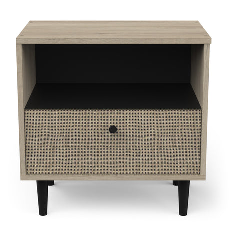 Theo 1 Drawer Open Shelf Oak Rattan Style Bedside Table - FurniComp