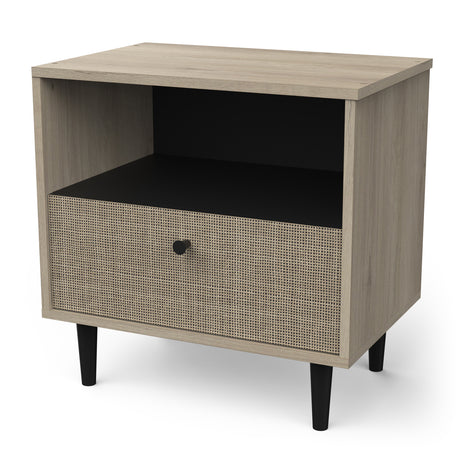 Theo 1 Drawer Open Shelf Oak Rattan Style Bedside Table - FurniComp