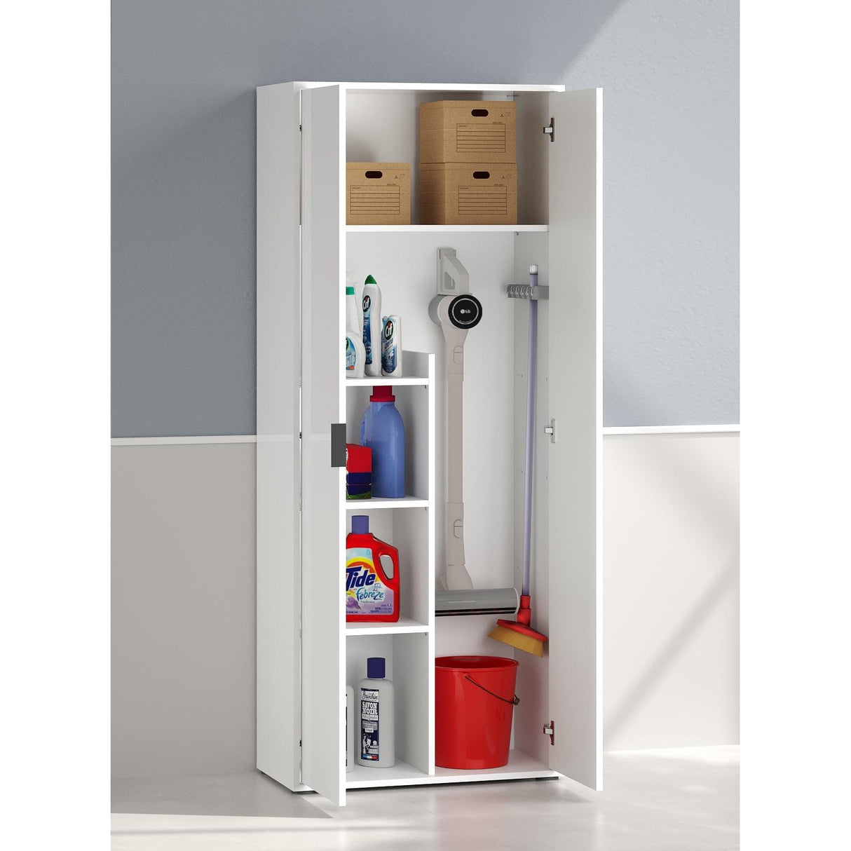 Universal Multi-Use White Gloss Tall 2 Door Broom Utility Cupboard - FurniComp