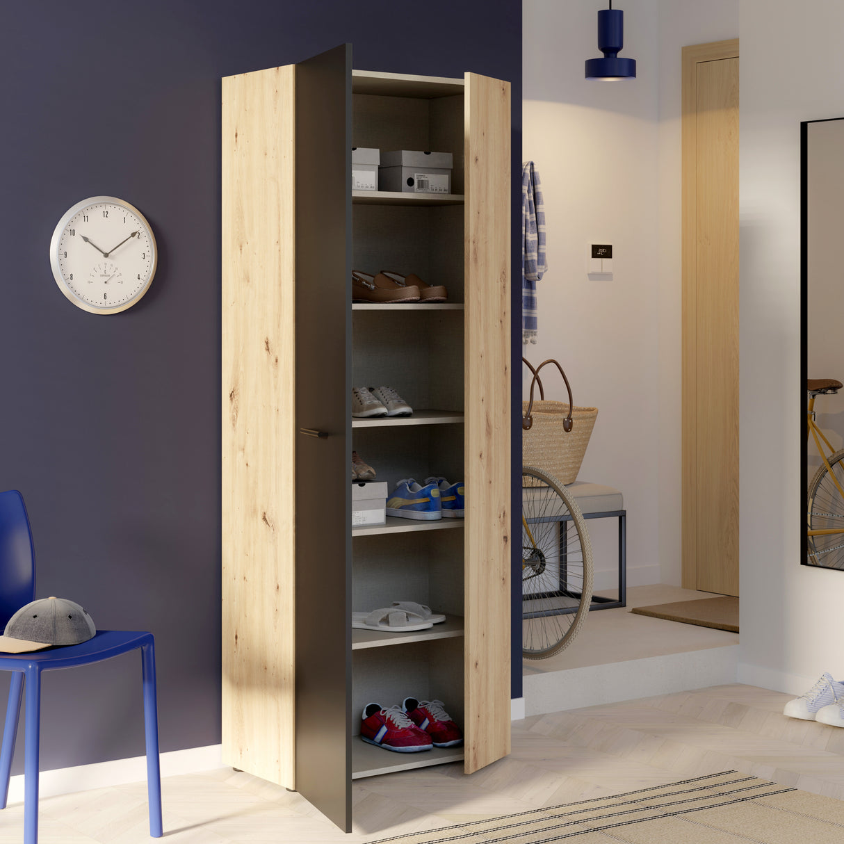 Variant Multipurpose Artisan Oak & Black Tall 2 Door Utility Shoe Storage Cupboard - FurniComp