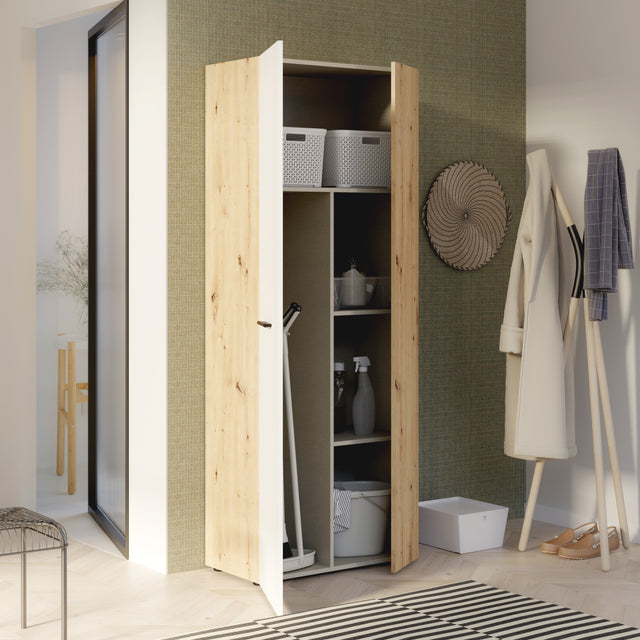 Variant Multipurpose Artisan Oak & White Tall 2 Door Broom Utility Cupboard - FurniComp