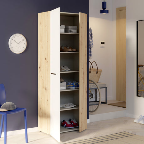 Variant Multipurpose Artisan Oak & White Tall 2 Door Utility Shoe Storage Cupboard - FurniComp