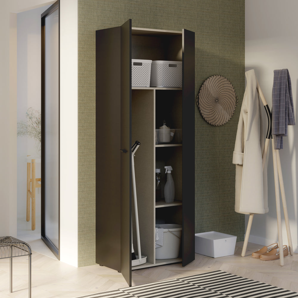 Variant Multipurpose Black Tall 2 Door Broom Utility Cupboard - FurniComp