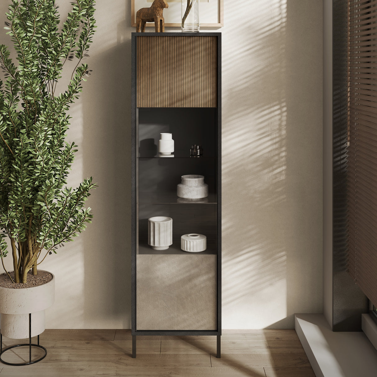 Venice 1 Door Grey and Mercure Oak Glass Display Cabinet - FurniComp