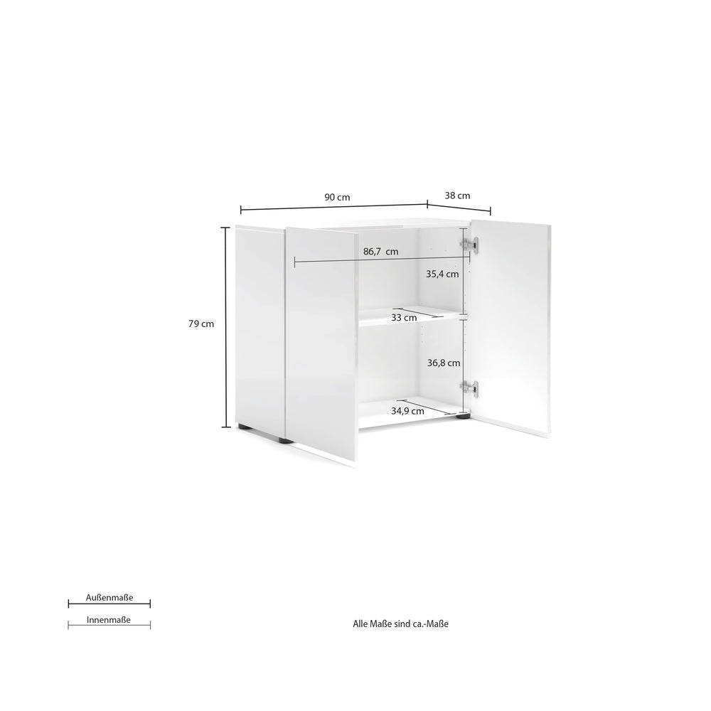 Vida 2 Door 90cm Small Compact White Gloss Sideboard - FurniComp