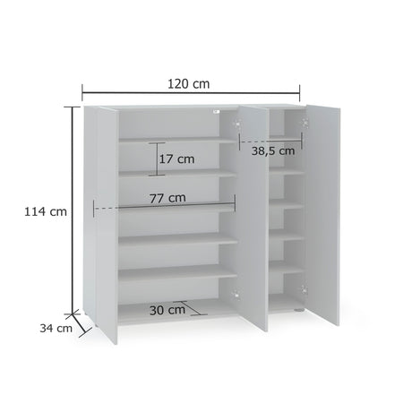 Vida 3 Door 120cm Grey Gloss 30 Pair Large Shoe Cabinet - FurniComp