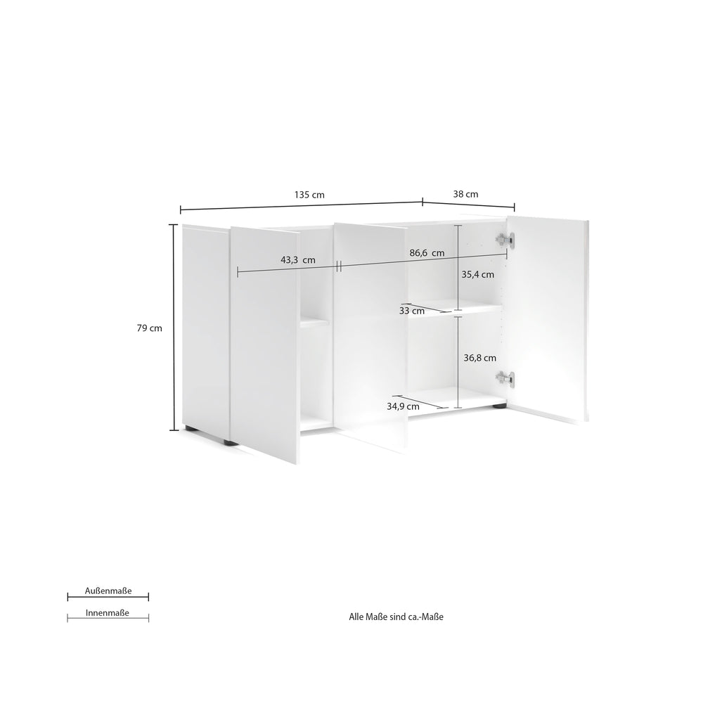 Vida 3 Door 135cm White Gloss Sideboard - FurniComp