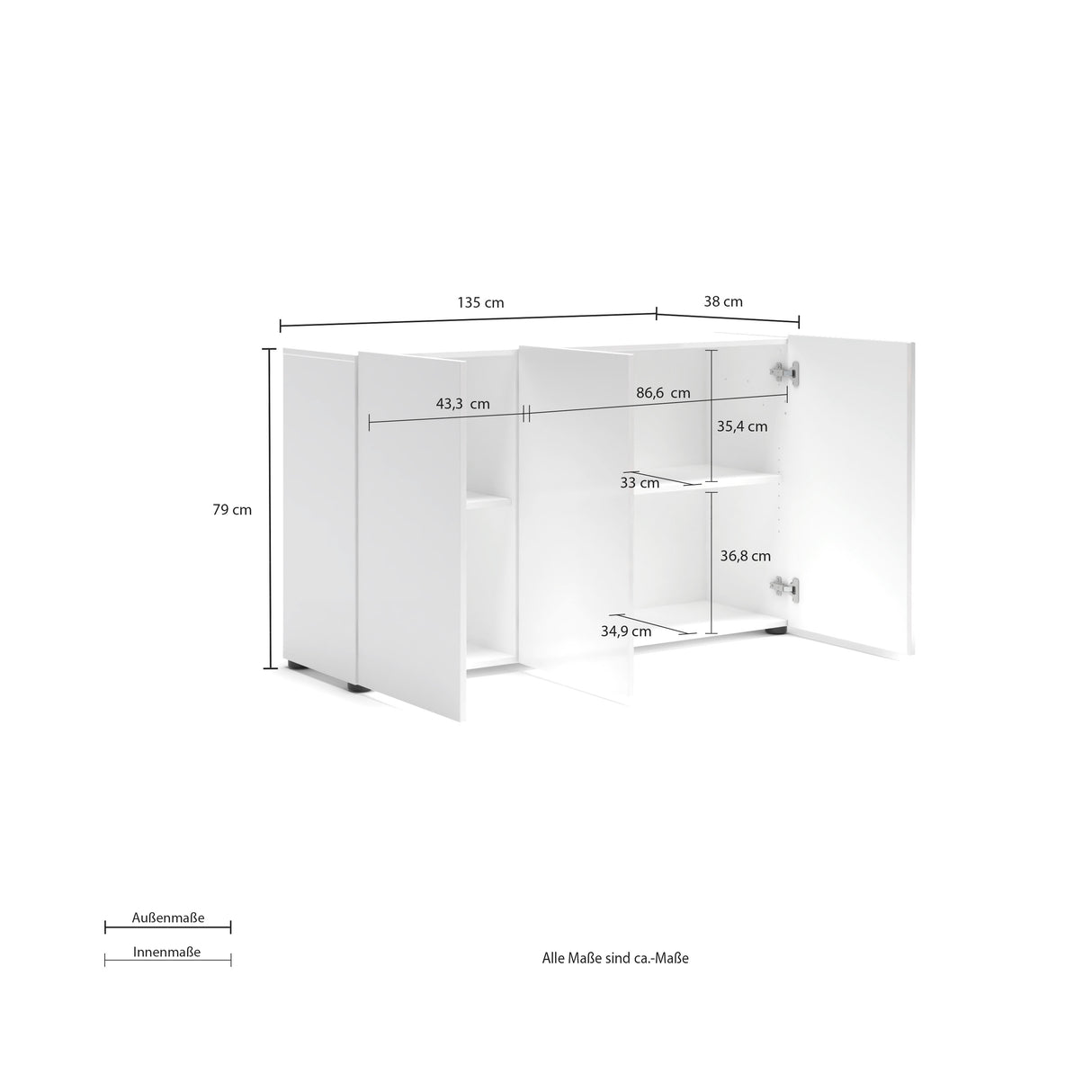 Vida 3 Door 135cm White Gloss Sideboard - FurniComp
