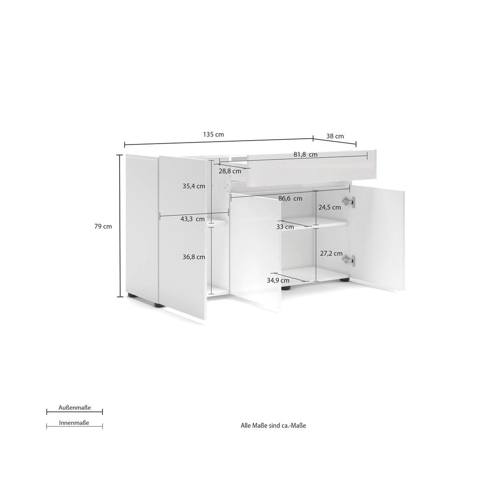 Vida 3 Door 1 Drawer 135cm White Gloss Sideboard - FurniComp