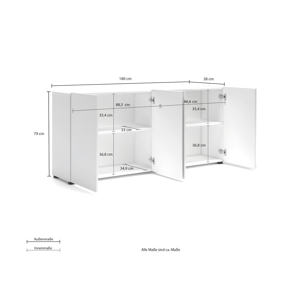 Vida 4 Door 180cm Large White Gloss Sideboard - FurniComp