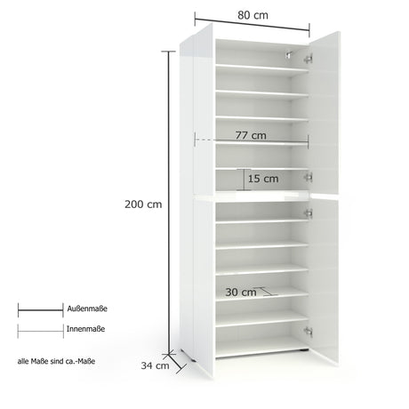 Vida 4 Door 80cm White Gloss Tall Shoe Cabinet/Storage Cupboard - FurniComp