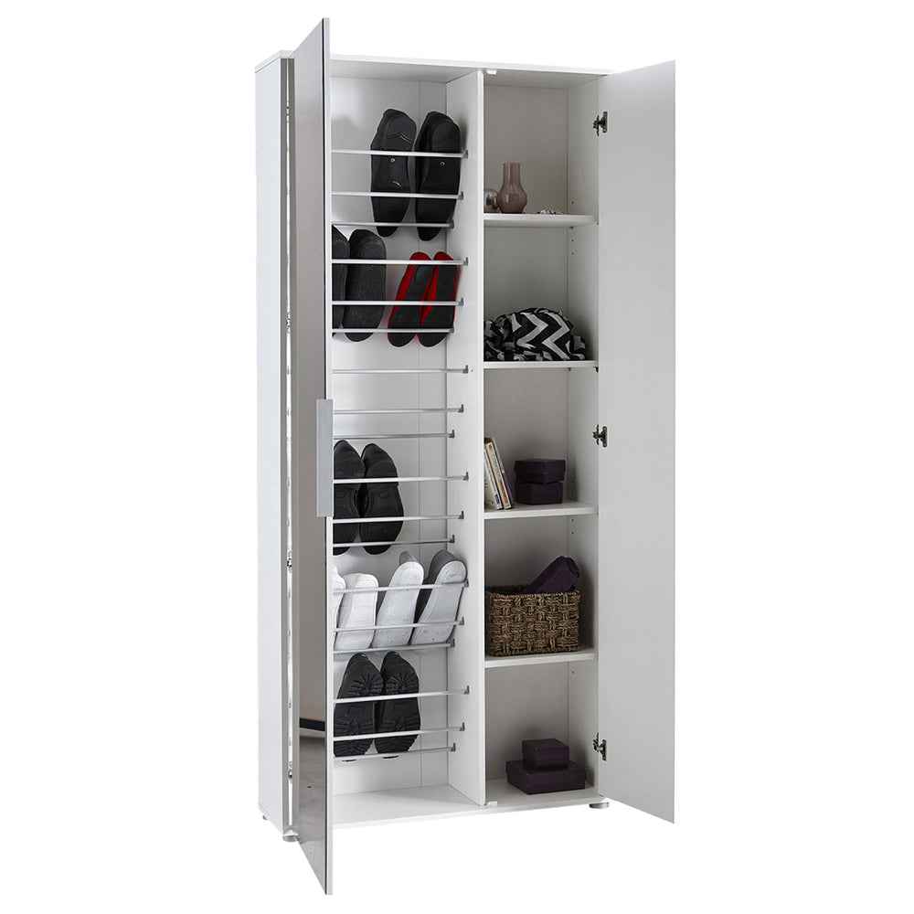 Zurich 2 Door Matt White Large Tall Mirrored Shoe Storage Cabinet - FurniComp