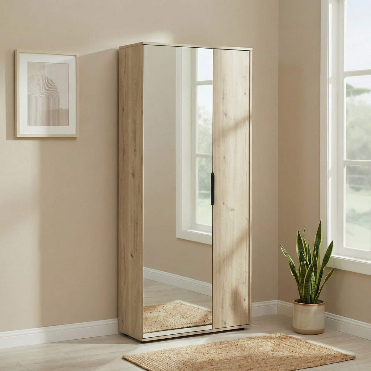 Zurich 2 Door Oak Large Tall Mirrored Shoe Storage Cabinet - FurniComp