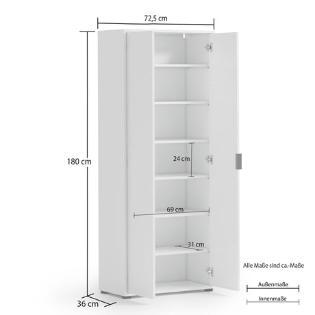 Universal Multi-Use White Gloss Tall 2 Door Storage Utility Cupboard Cabinet - FurniComp