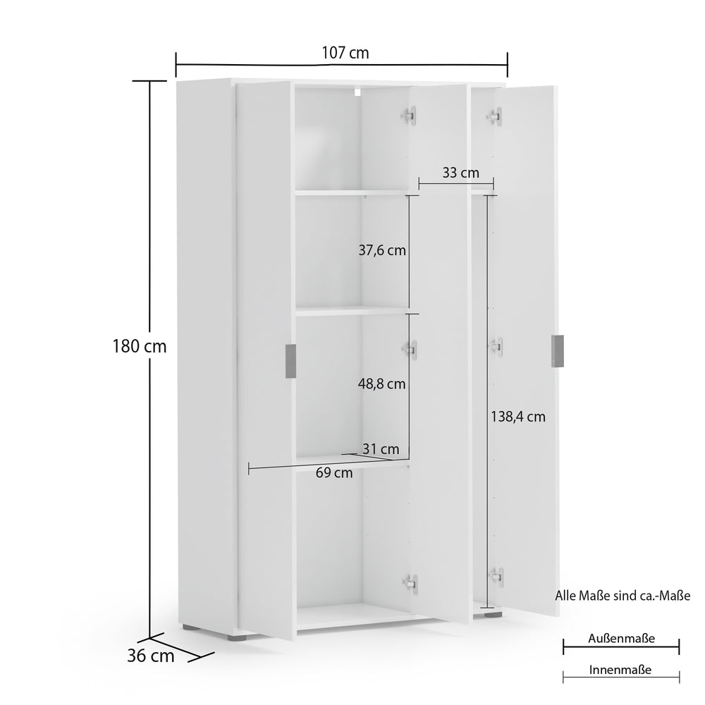 Universal Multi-Use White Gloss Tall 3 Door Storage Utility Cupboard Cabinet - FurniComp