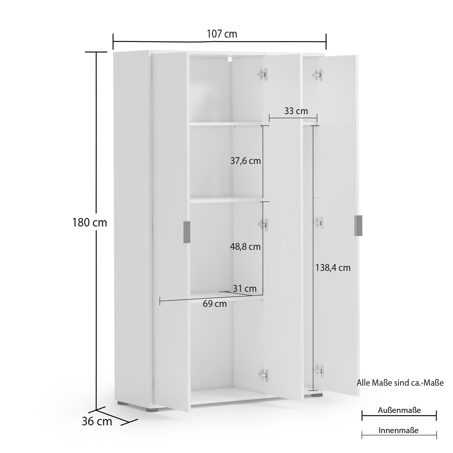 Universal Multi-Use White Gloss Tall 3 Door Storage Utility Cupboard Cabinet - FurniComp