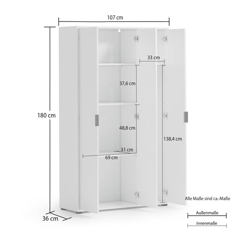 Universal Multi-Use White Gloss Tall 3 Door Storage Utility Cupboard Cabinet - FurniComp