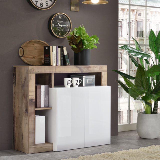 Lorenzo 2 Door White Gloss and Natural Oak Sideboard - FurniComp